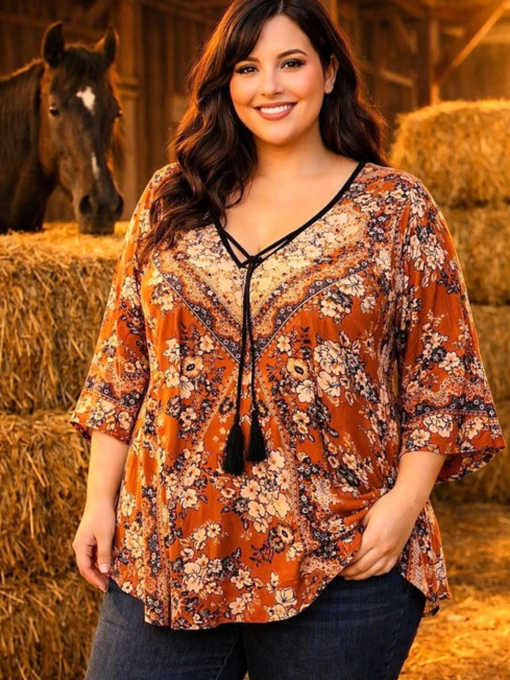 Floral Tunic in Orange & Black Like New